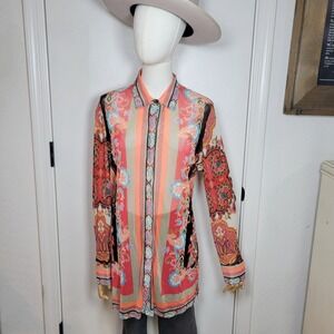 Chico's Travelers Sheer Paisley Aztec Button Up Shirt 8/10 Resort Wear Vacation